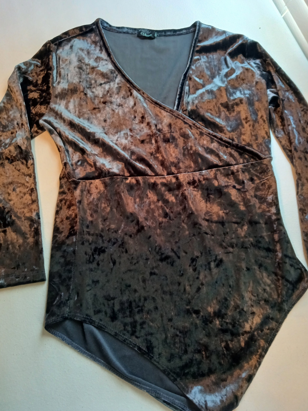 Women's Crushed Velvet Long Sleeve Wrap Bodysuit - Grayish Size XL